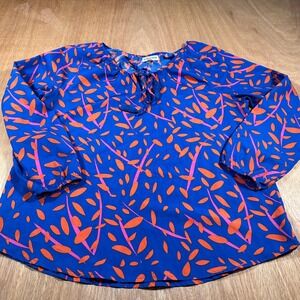 Buckhead Betties Womens XL Blue Orange Tassel Tie Blouse 3/4 Sleeve Boho Top